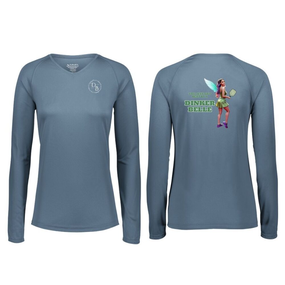 Blue long-sleeve shirt with fairy graphic.