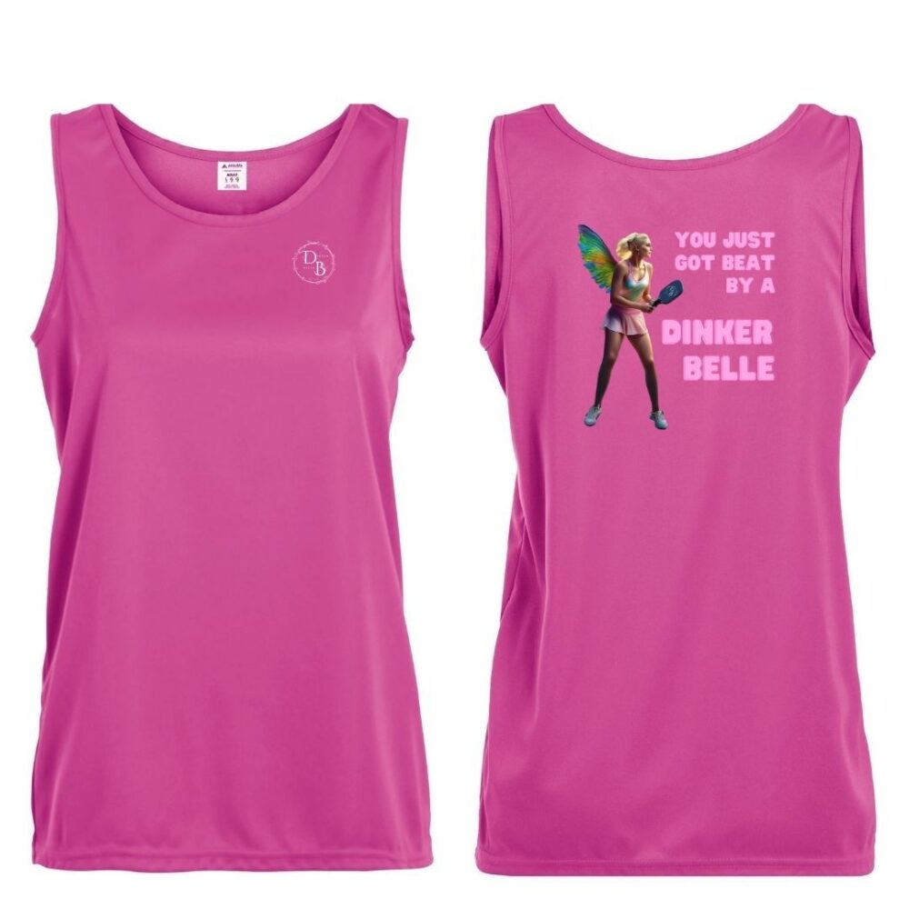 Pink tank top with fairy graphic and text.