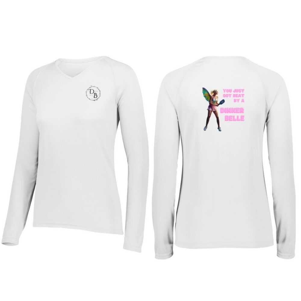 White long-sleeve shirt with text and logo design.