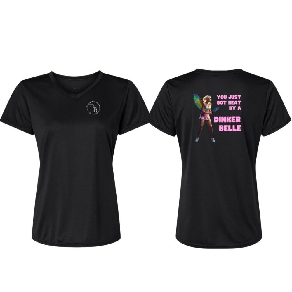 Black shirt with Dinker Belle graphic and text.