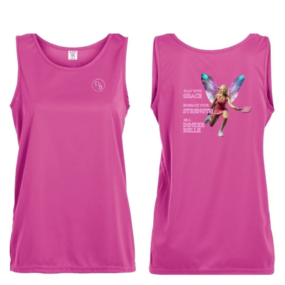 Pink tank top with fairy tennis graphic design.