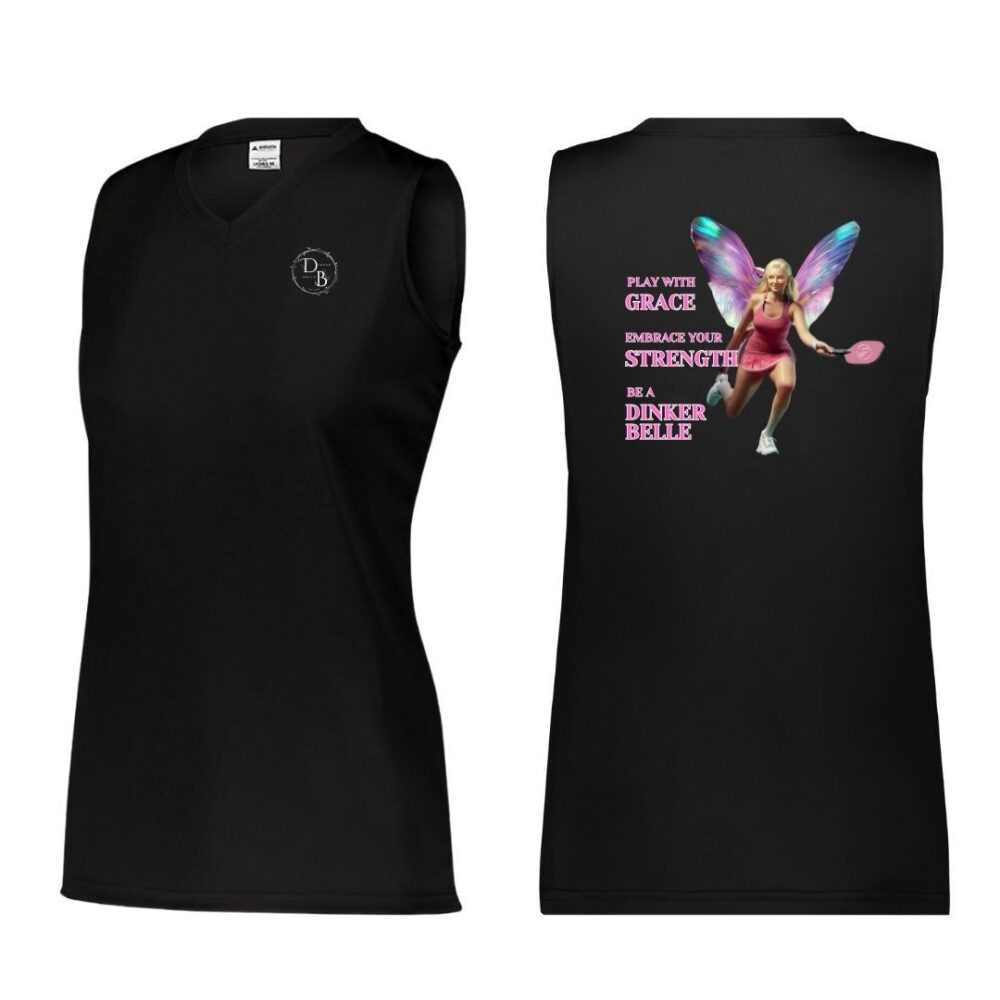 Black sleeveless shirt with tennis player graphic.