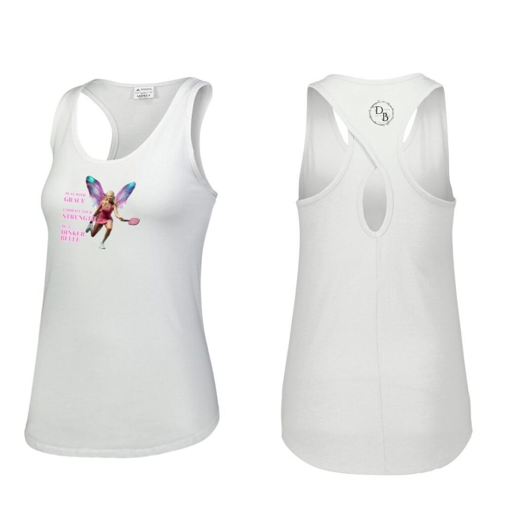 Women's white tank top with fairy design.