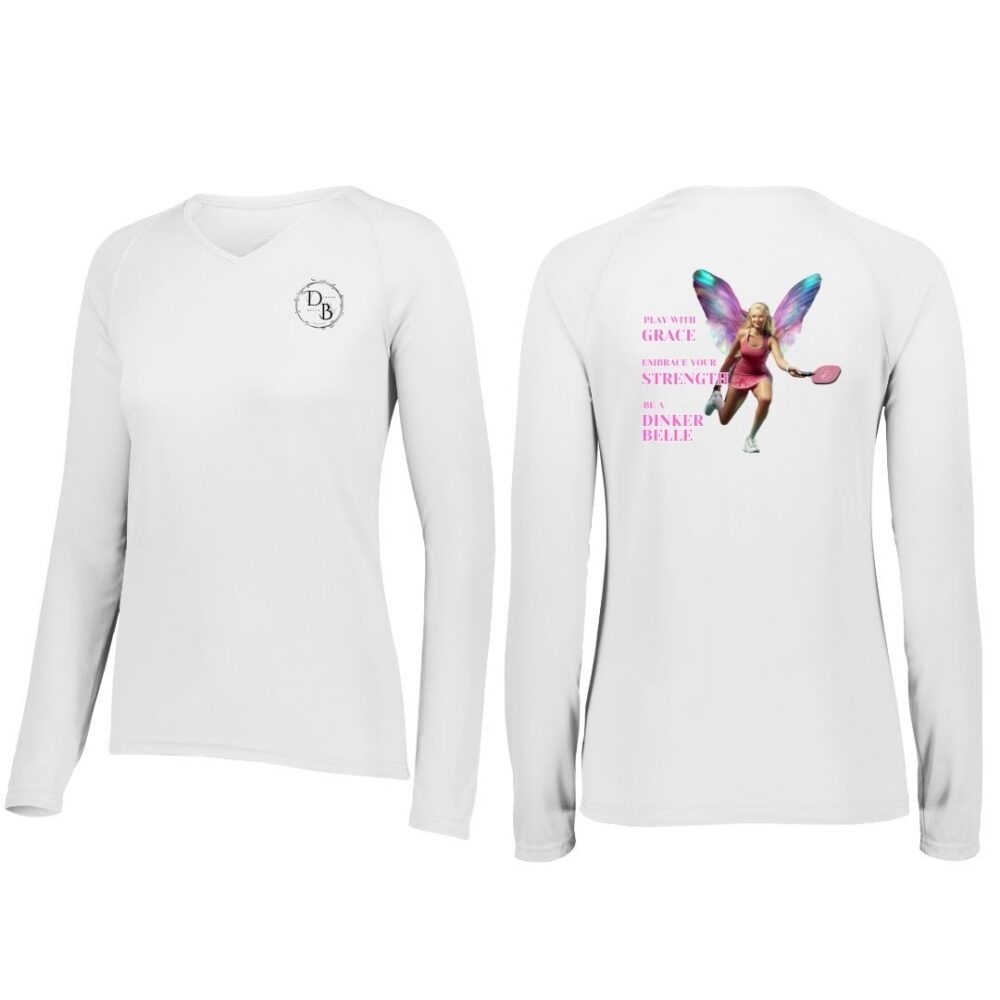 White shirt with flying pickleball player graphic.