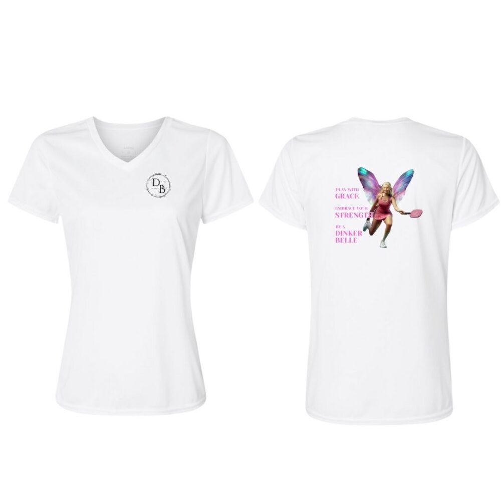 White t-shirt with fairy tennis player design.