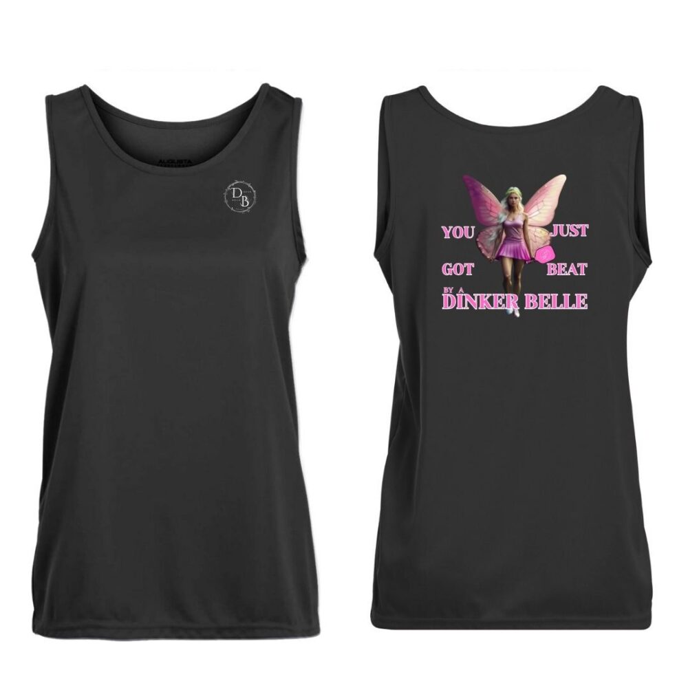 Black tank top with fairy design and slogan