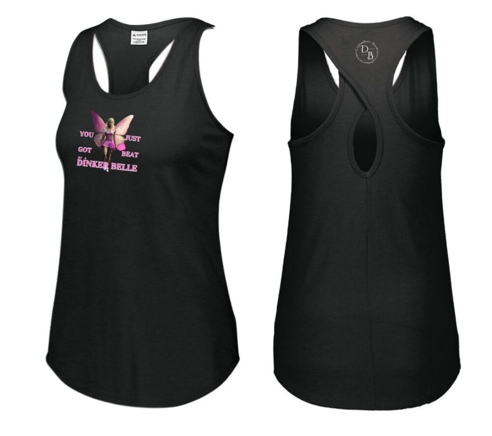 Black tank top with fairy design, front and back view.