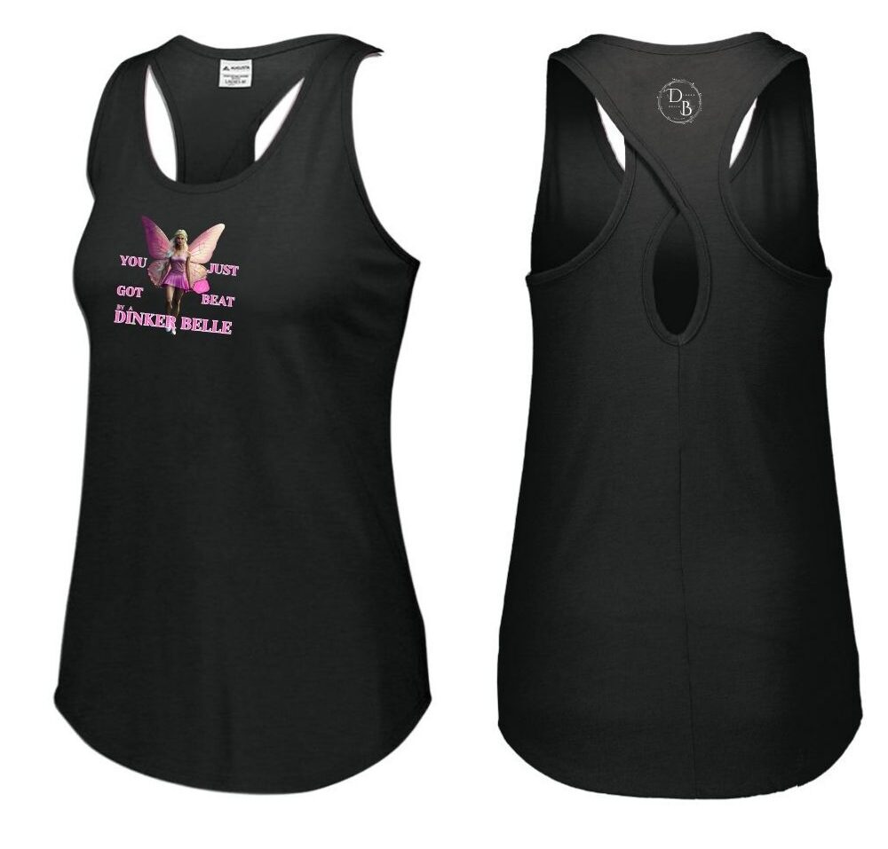 Black tank top with fairy design, front and back view.