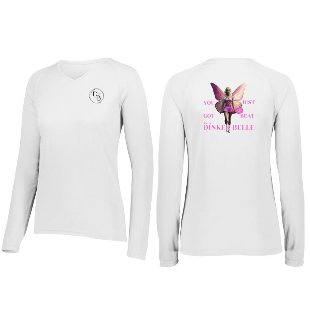 White long-sleeve shirt with fairy design and text