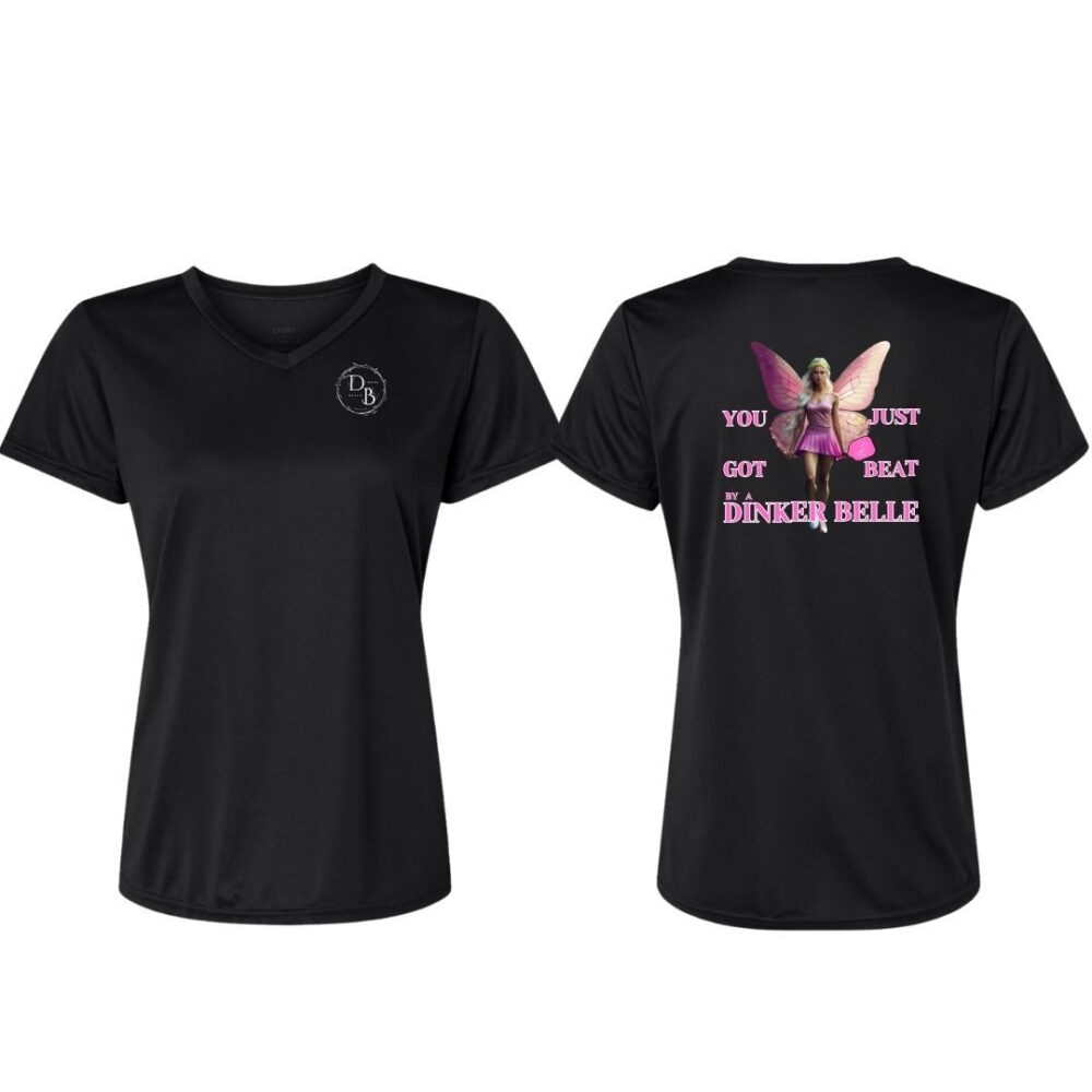 Black t-shirt with fairy design and Dinker Belle text.