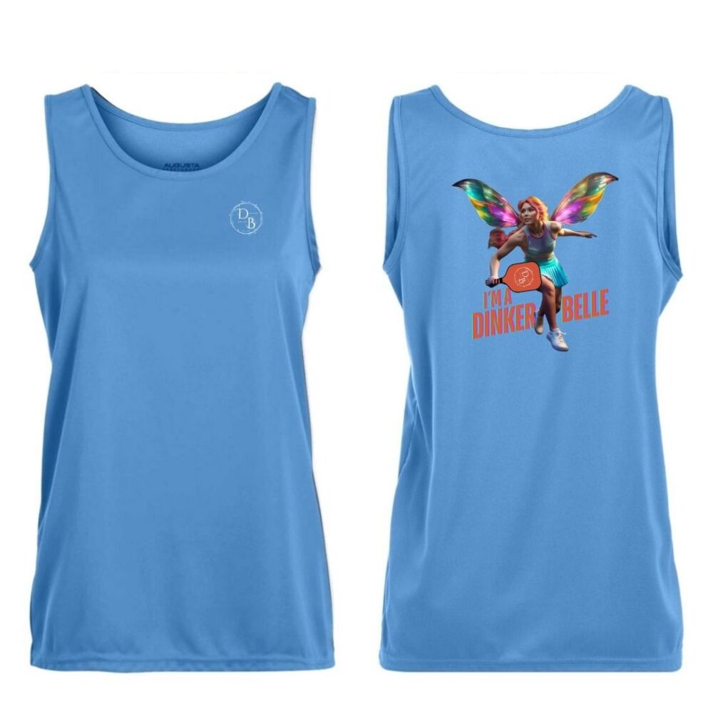 Blue Dinker Belle tank top with colorful wings logo.