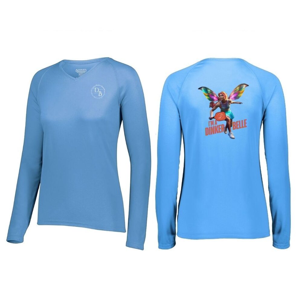 Blue long-sleeve shirt with fairy graphic design.