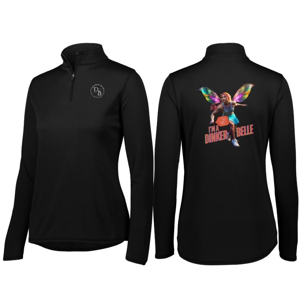 Black shirt with colorful winged design on back.