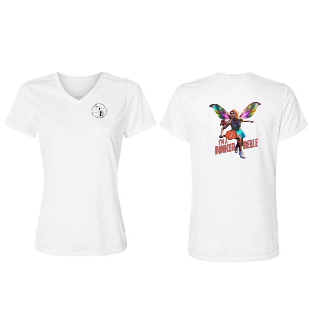 White T-shirt with colorful Dinker Belle design