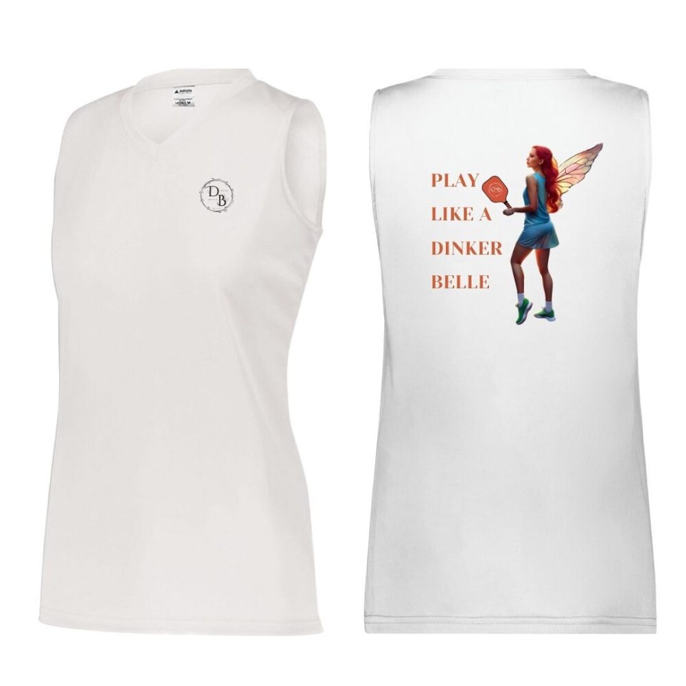 Sleeveless shirt with Dinker Belle pickleball design.