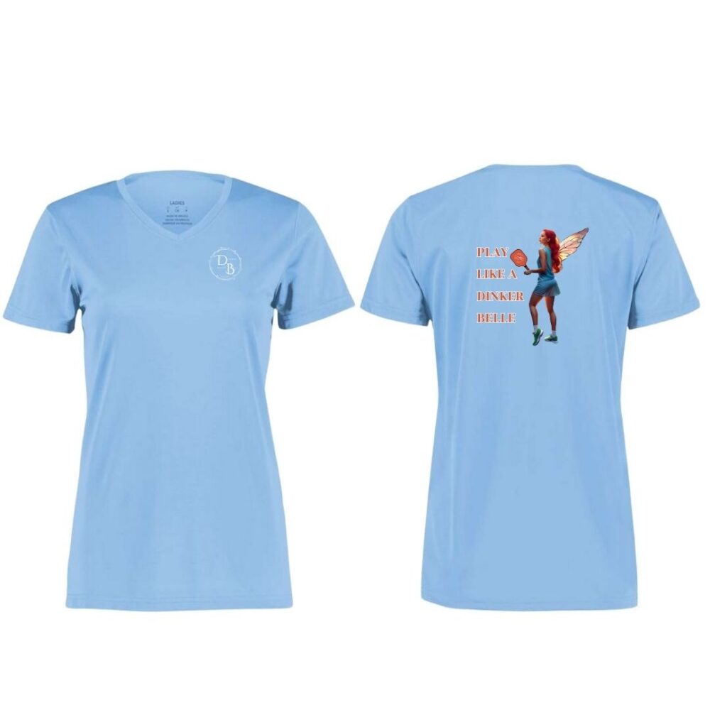 Blue T-shirt with fairy and text design.