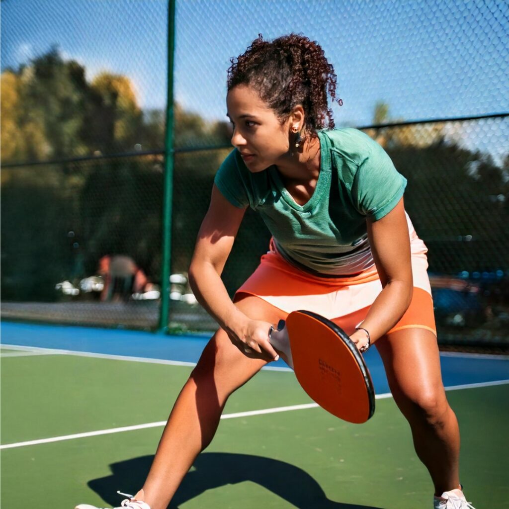 Woman playing pickleball outdoors in sunlight