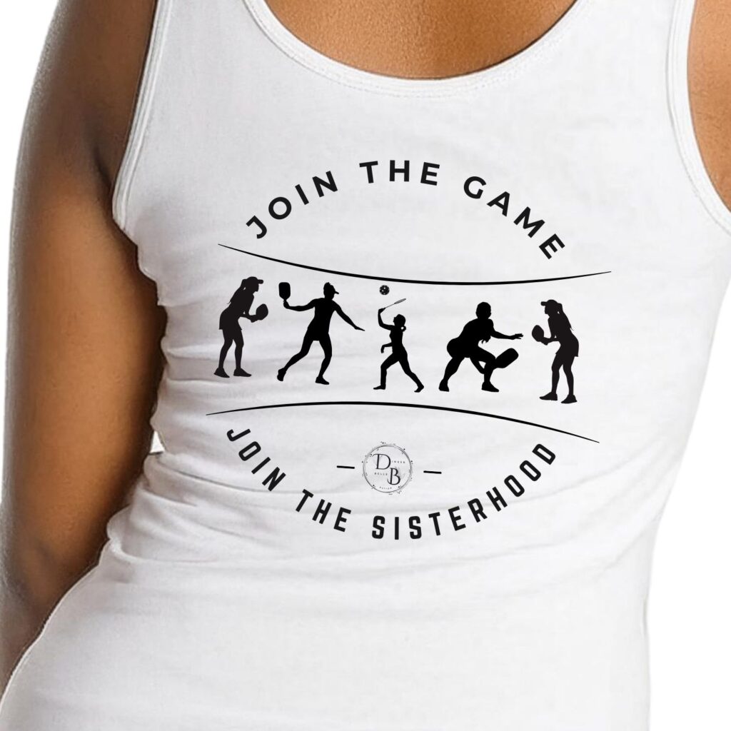 Tank top with sports silhouettes and inspiring text.