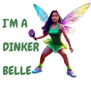 Fairy playing pickleball with colorful wings.