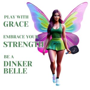 Fairy with pickleball paddle and colorful wings.