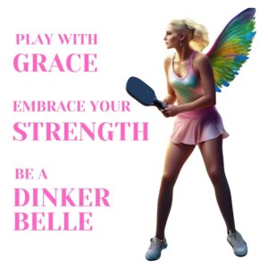 Woman with wings playing pickleball, inspiring quote.