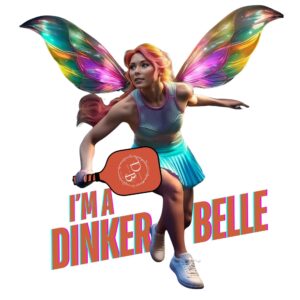 Fairy pickleball player with rainbow wings.