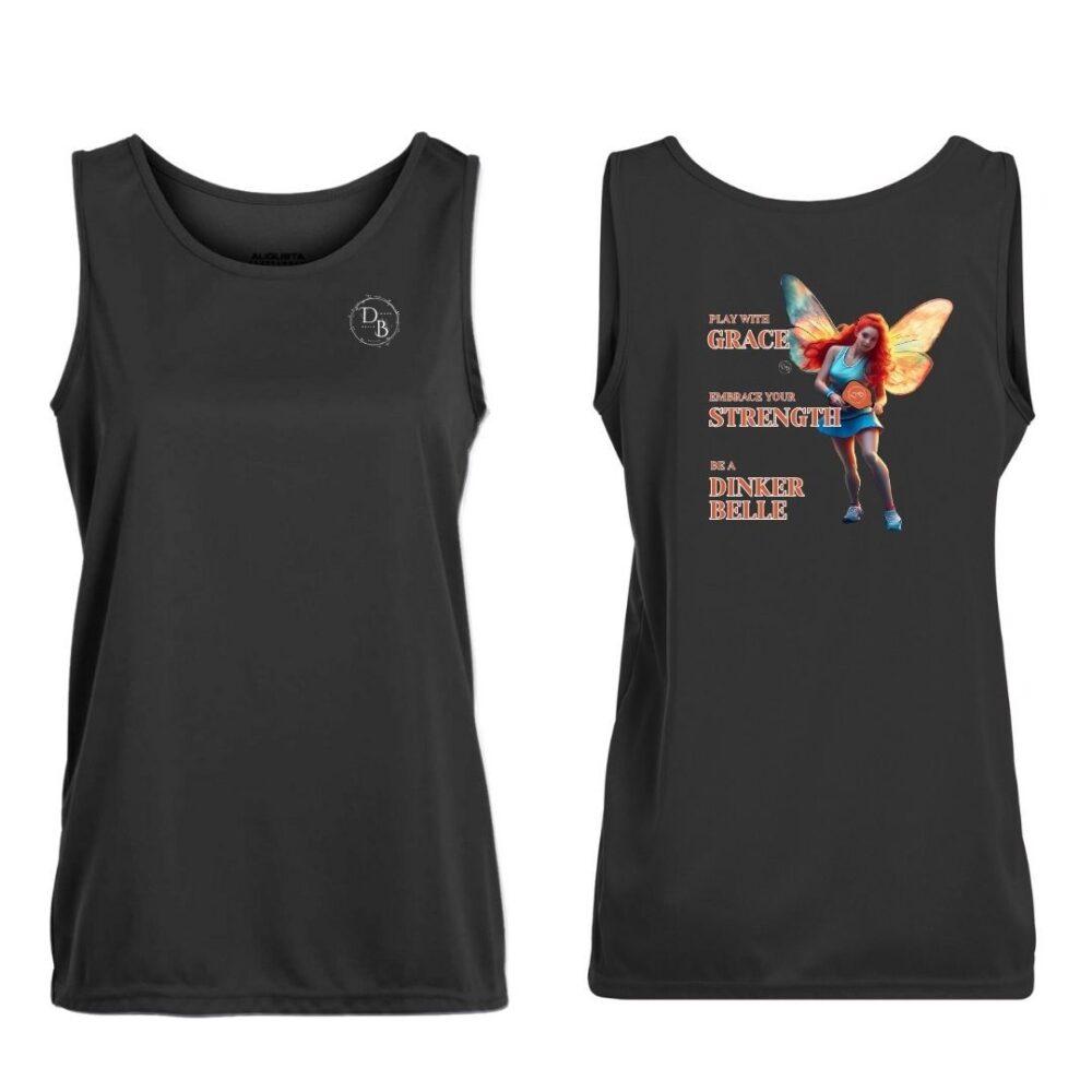 Black tank tops with colorful fairy graphic print.