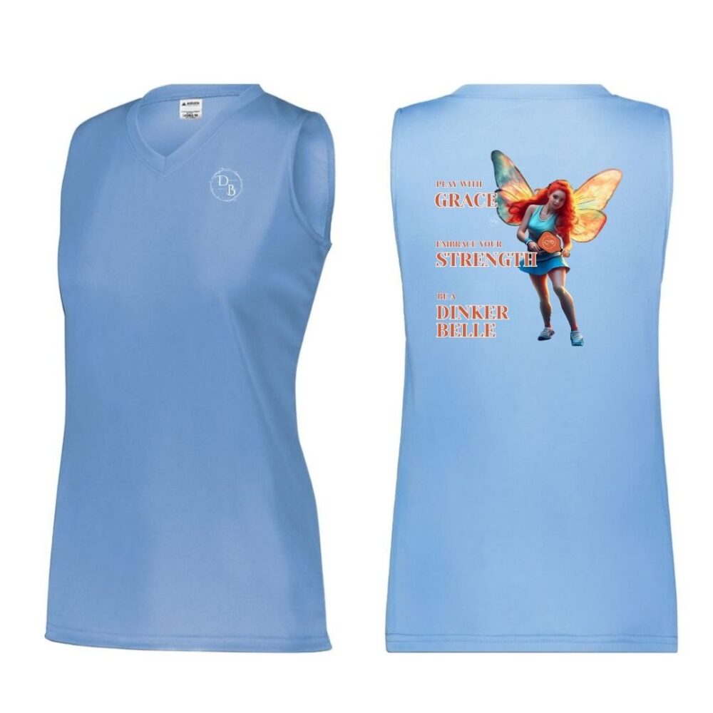 Blue sleeveless shirt with fairy design and text.