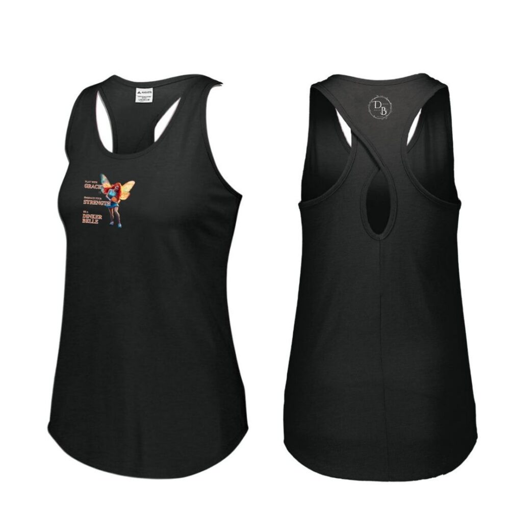 Black tank top with graphic design, front and back view.