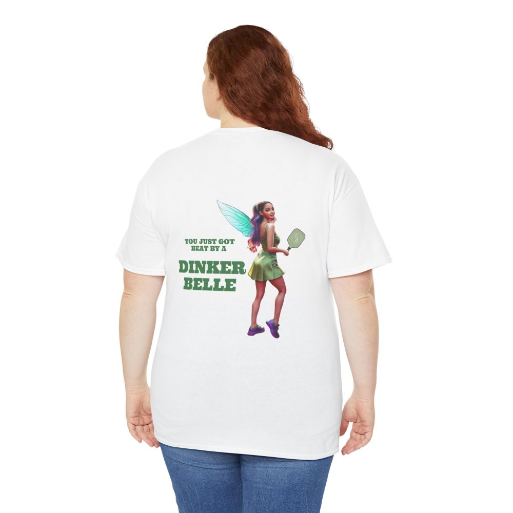 Woman wearing Dinker Belle shirt with fairy graphic.