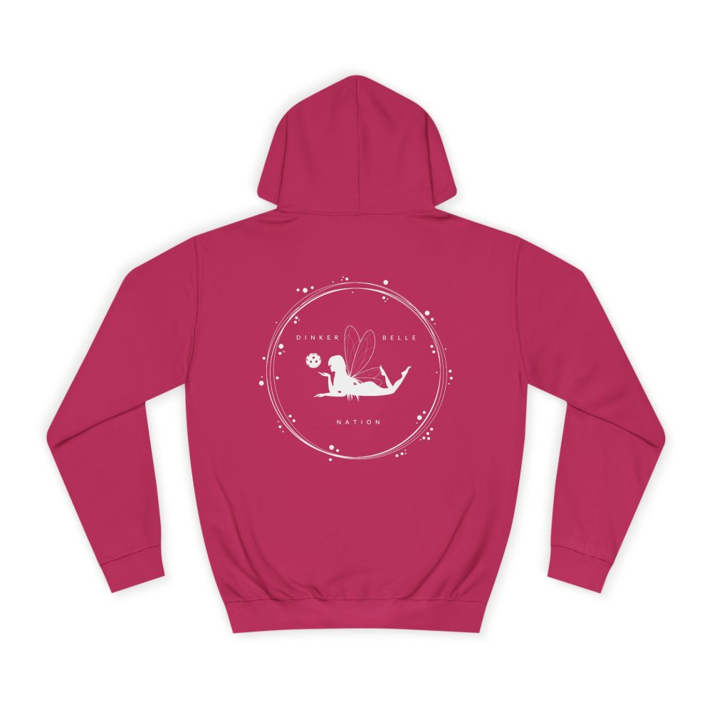 Pink hoodie with fairy design on back.