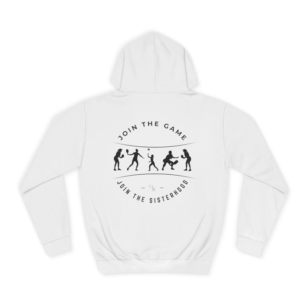 White hoodie with sports silhouettes, 'Join the Game' design.