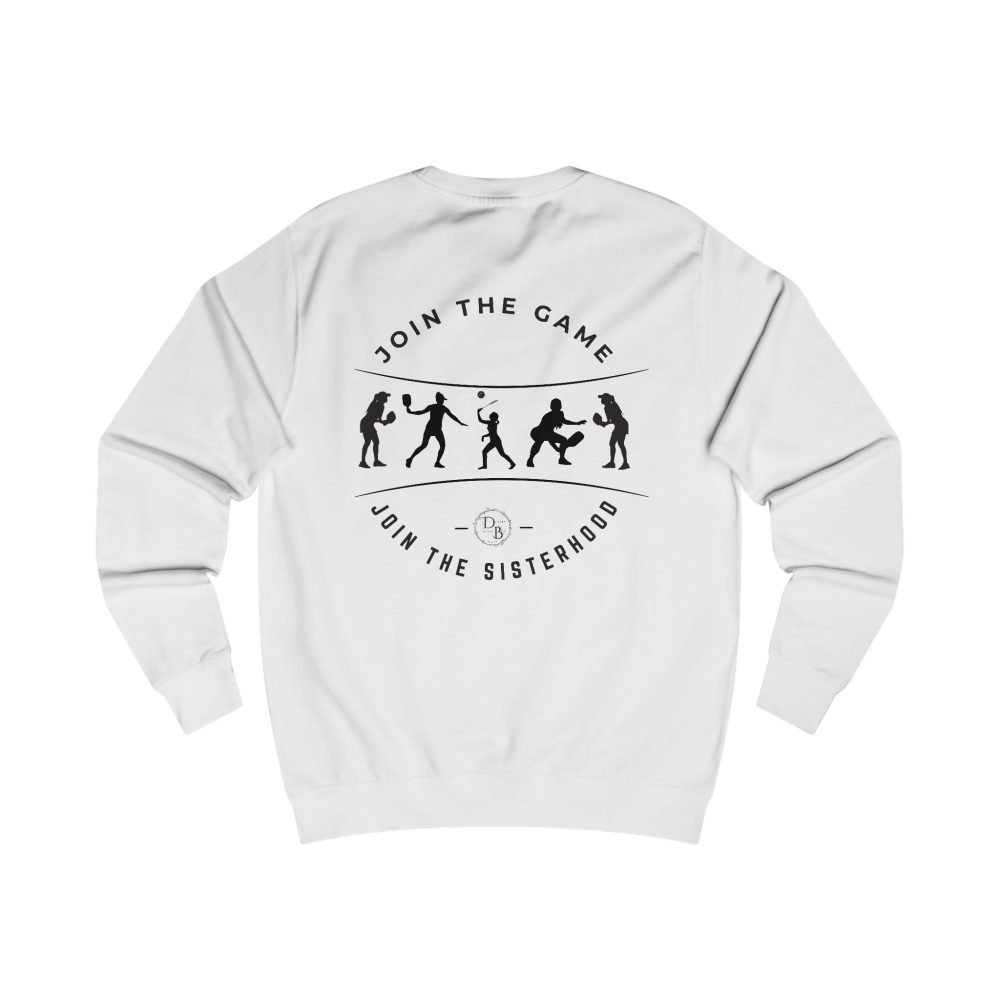 White sweatshirt with sports silhouettes and slogans.