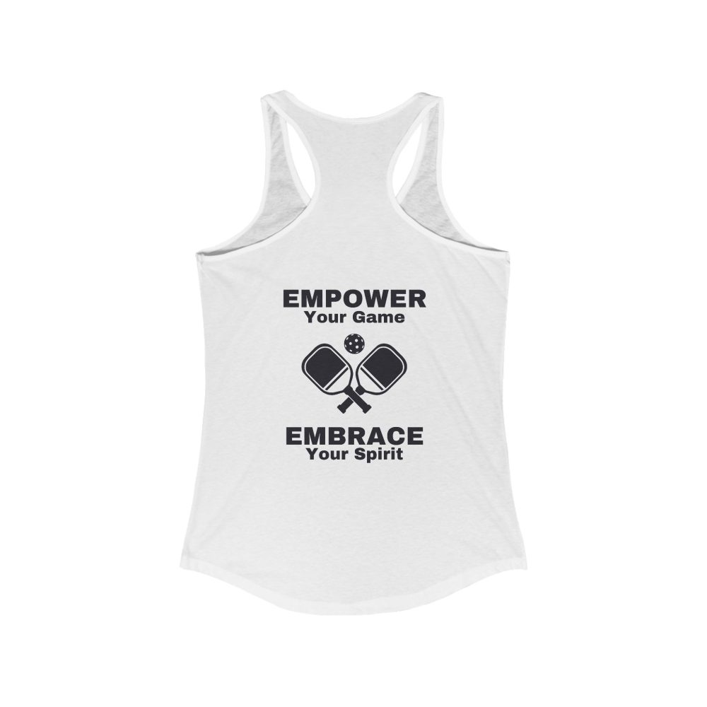 White tank top with motivational pickleball design.
