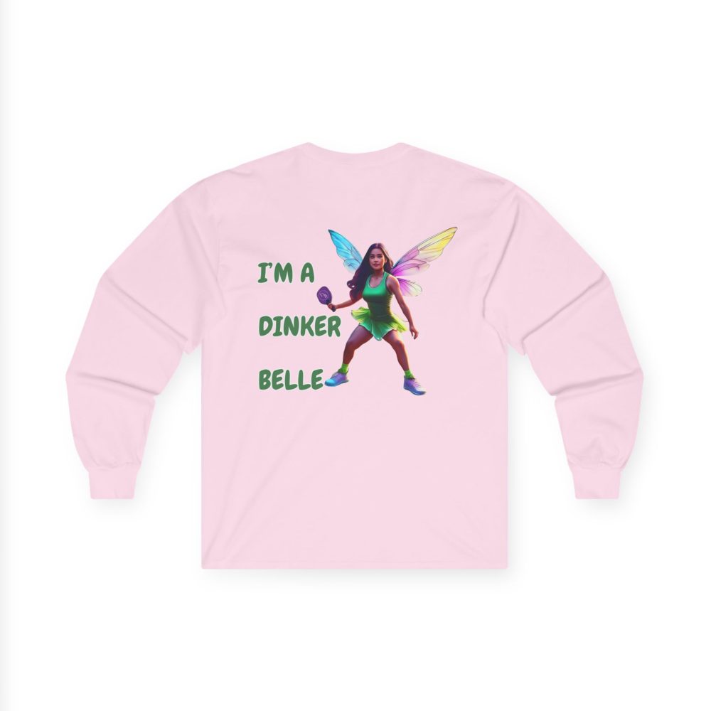 Pink shirt with fairy playing pickleball design.