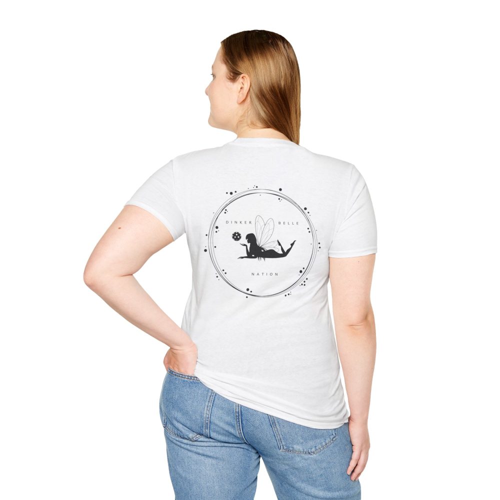 Woman wearing fairy graphic t-shirt, back view.
