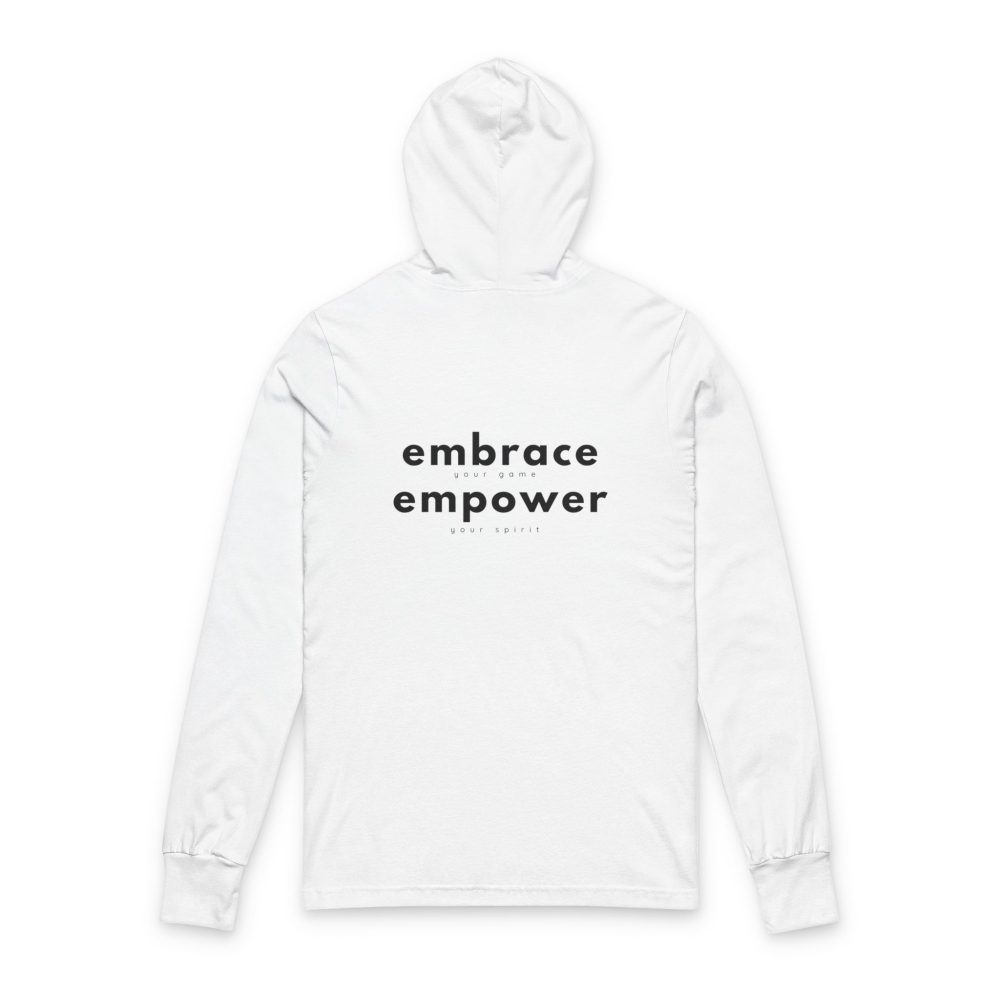 White hoodie with 'embrace empower' text, back view.