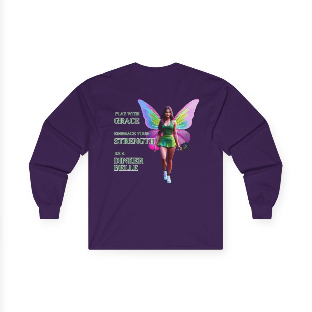 Purple shirt with fairy and motivational text design.