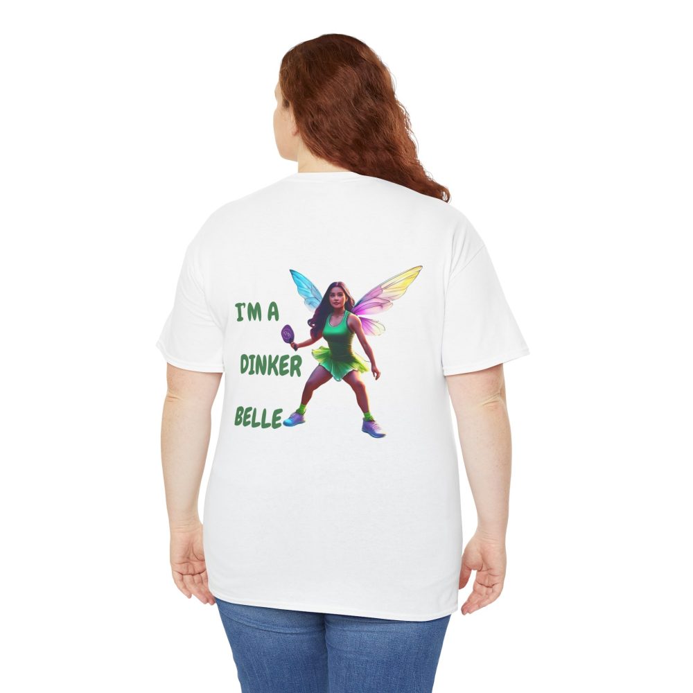 Woman wearing pickleball fairy shirt with text.