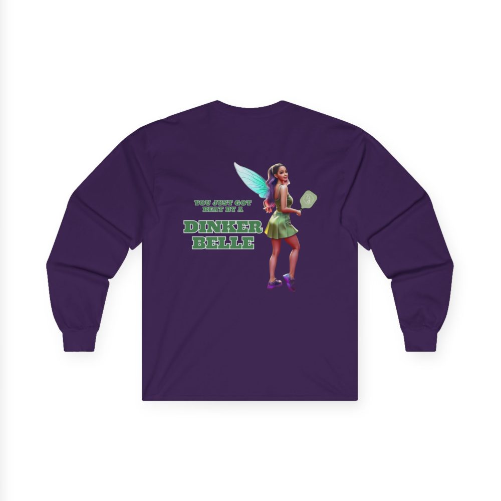 Purple shirt with fairy and playful text design.