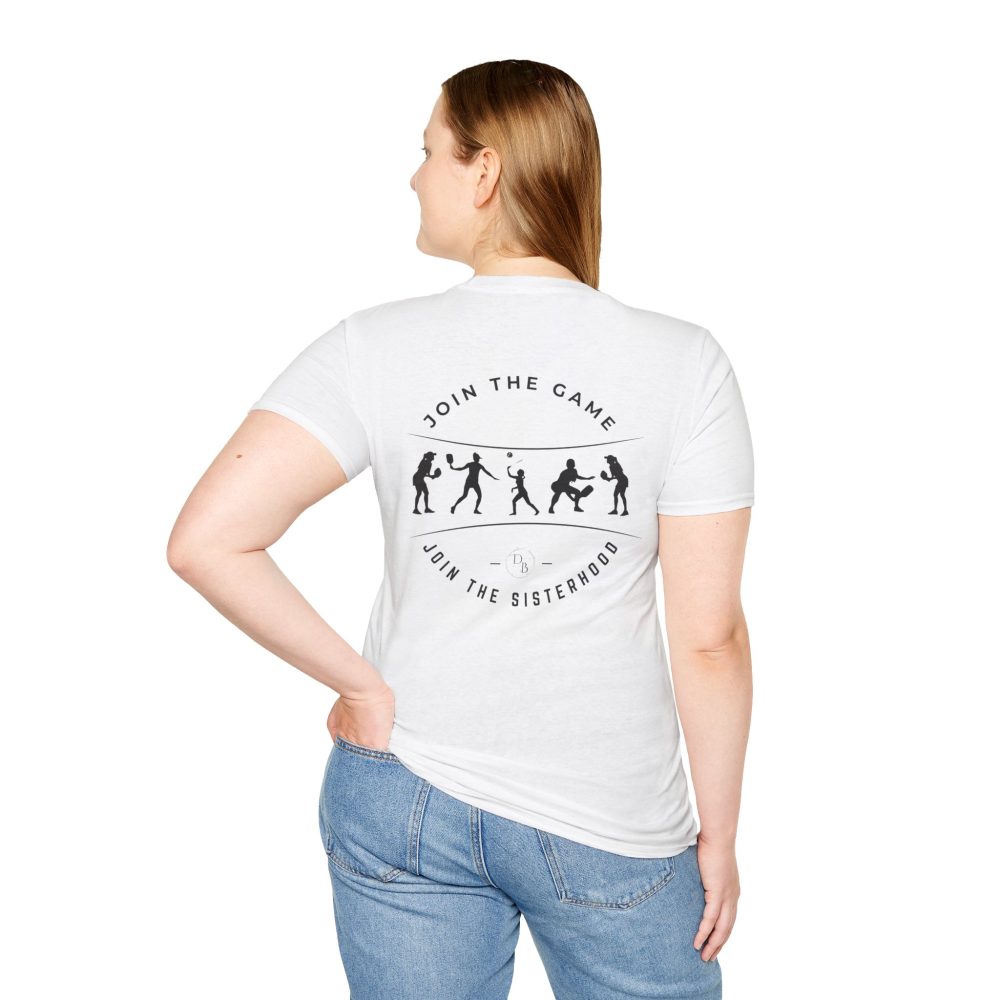 Woman wearing 'Join the Game' sports t-shirt