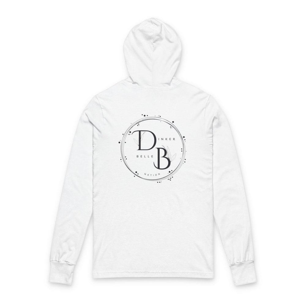 White hoodie with circular logo design.
