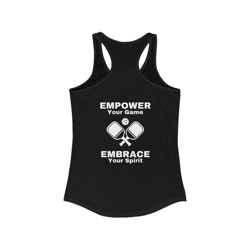 Black tank top with pickleball paddles graphic.