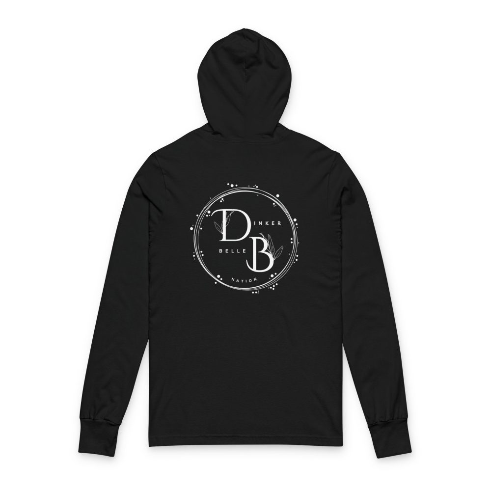 Black hoodie with circular white logo on back.