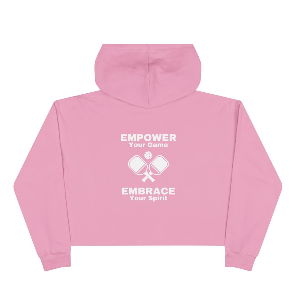 Pink hoodie with motivational pickleball design.