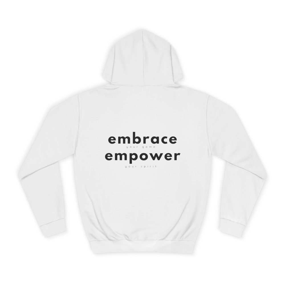 White hoodie with 'embrace empower' text.
