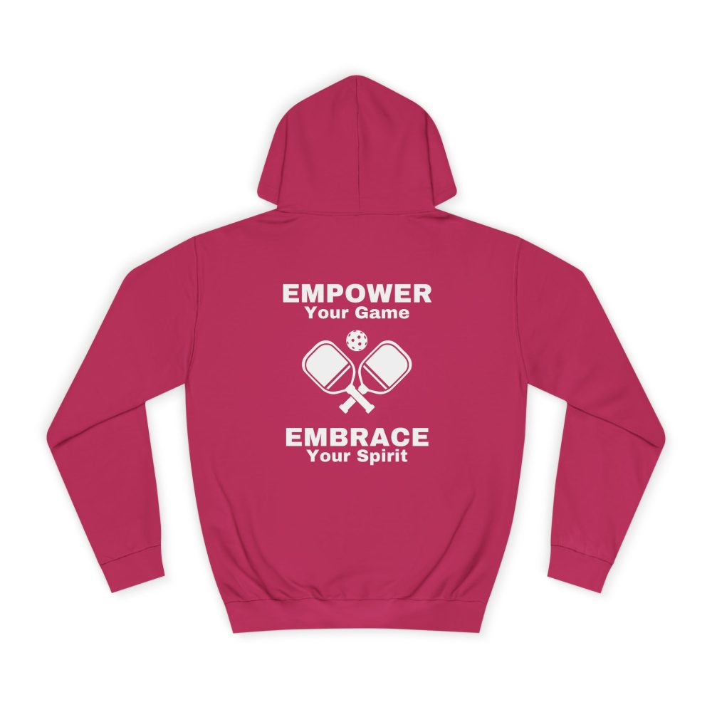 Pink hoodie with empowering pickleball design