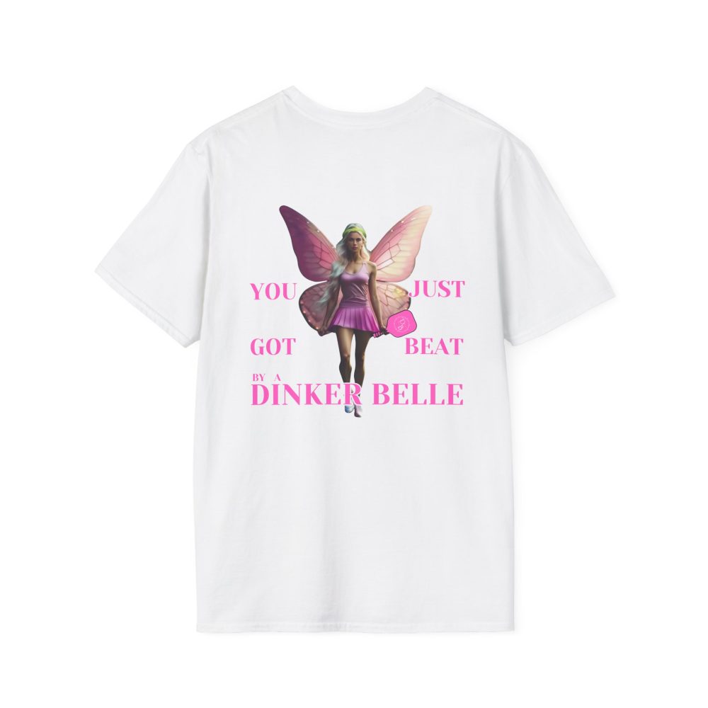 White t-shirt with fairy design and pink text.