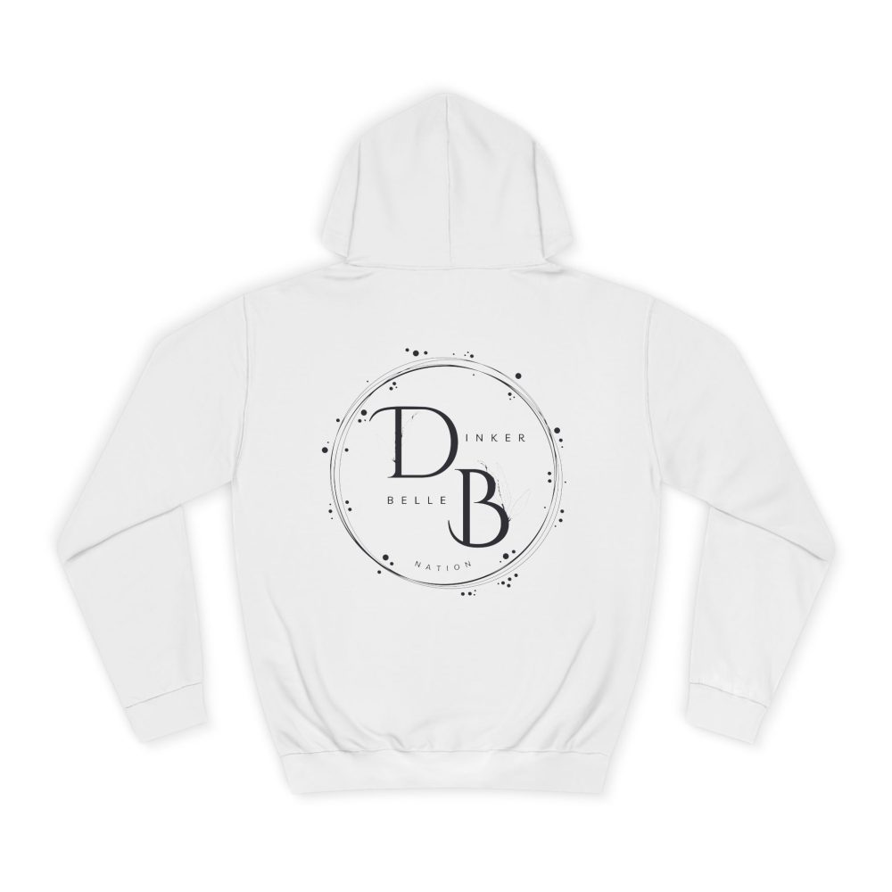 White hoodie with DBN logo on back.