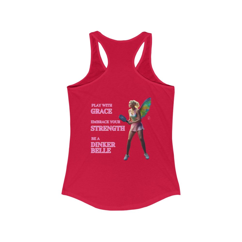 Red tank with fairy playing pickleball design.